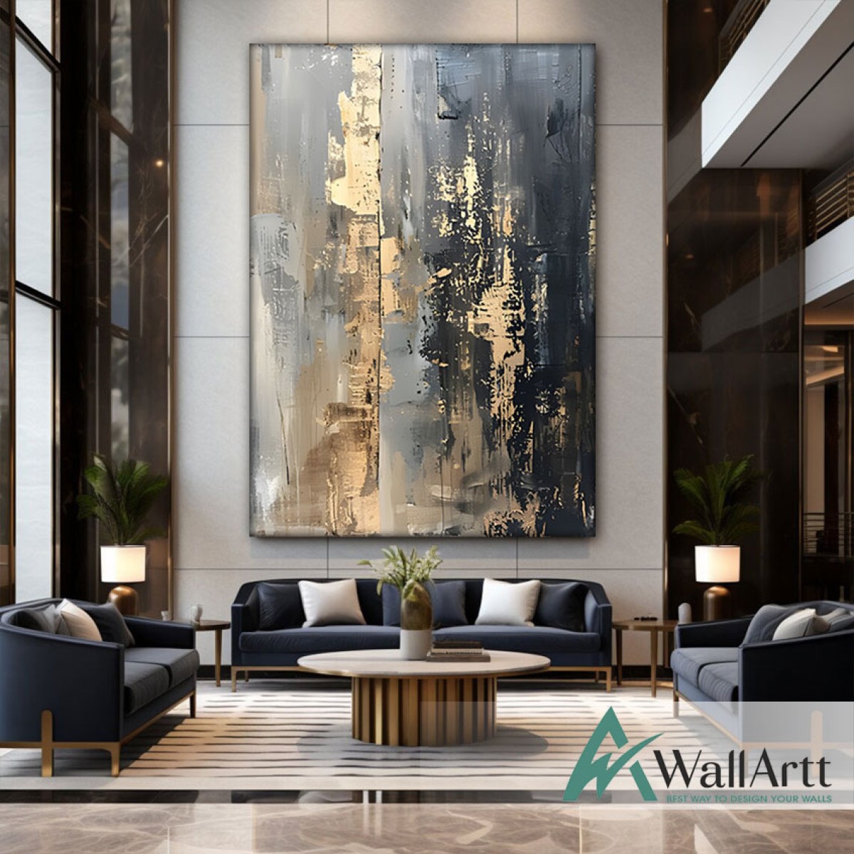 Gold Foil on Black II Textured Partial Oil Painting - Wall Art